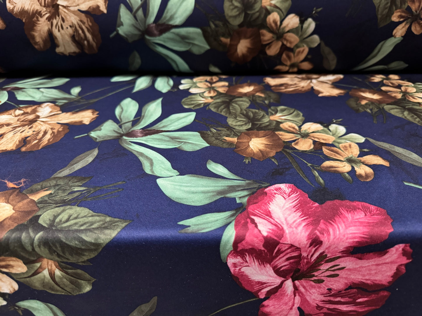 Scuba stretch spandex double jersey dress fabric, per metre - lily flower print - navy blue