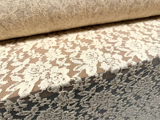 Stretch cotton spandex lace fabric, per metre - floral - cream