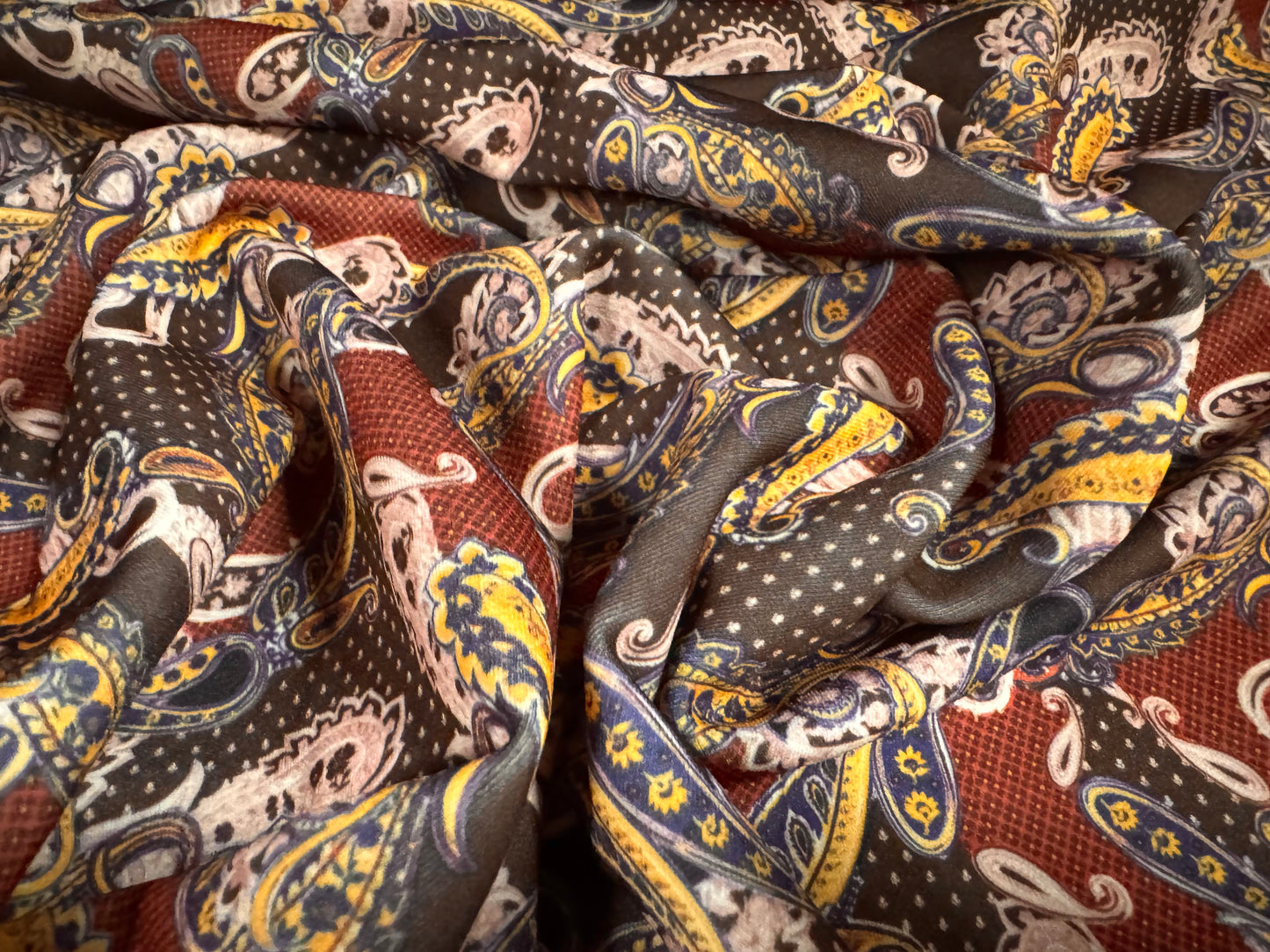 Scuba stretch spandex double jersey fabric, per metre - paisley print - brown & wine