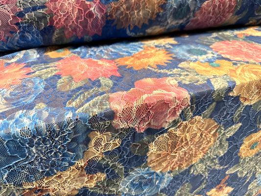 Stretch spandex lace fabric, per metre - carnation bouquet print - blue pink & beige
