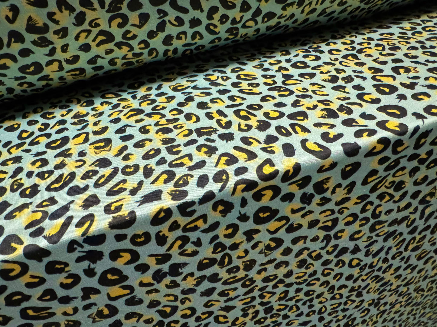 Soft touch stretch spandex single jersey fabric, per metre - leopard print - aqua & gold