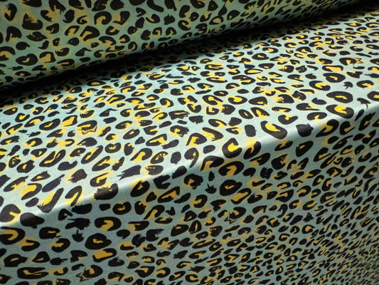 Soft touch stretch spandex single jersey fabric, per metre - leopard print - aqua & gold