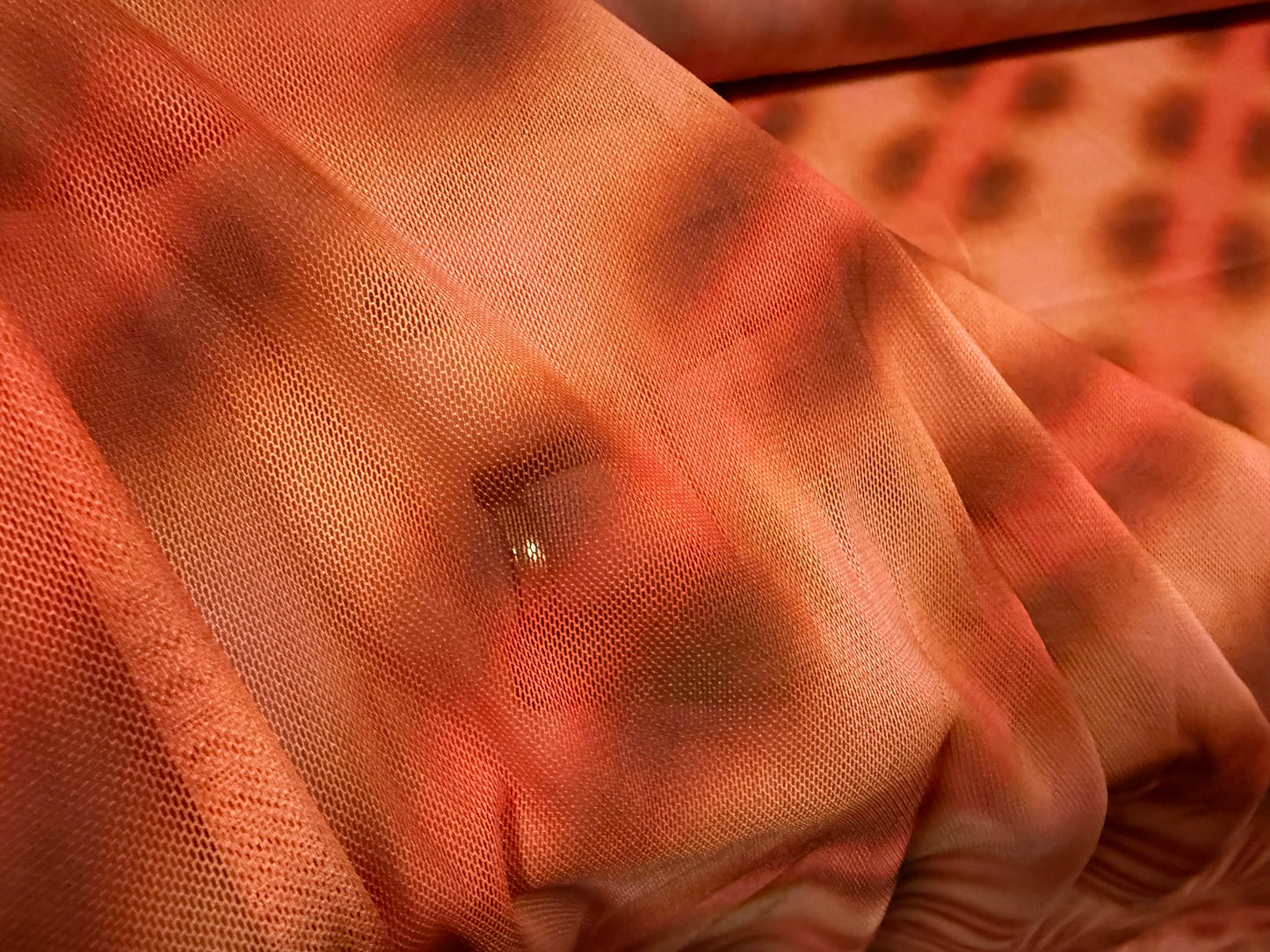 Power mesh net stretch spandex fabric, per metre - airbrushed abstract print - orange & peach