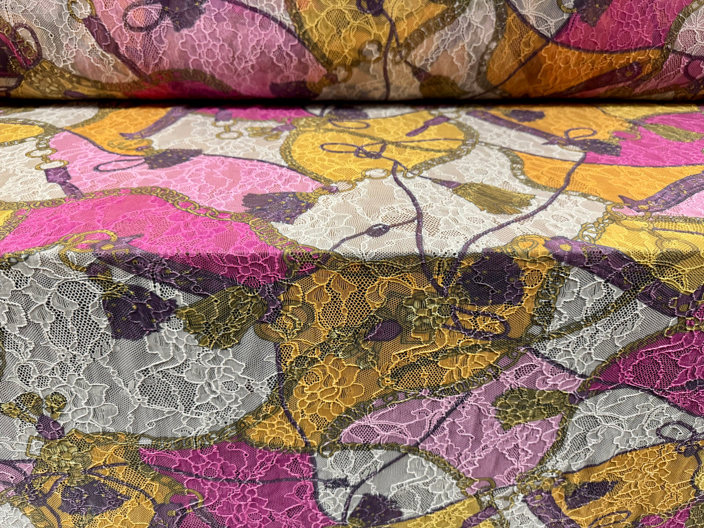 Stretch spandex lace fabric, per metre - tassels & chains print - pink gold and ivory