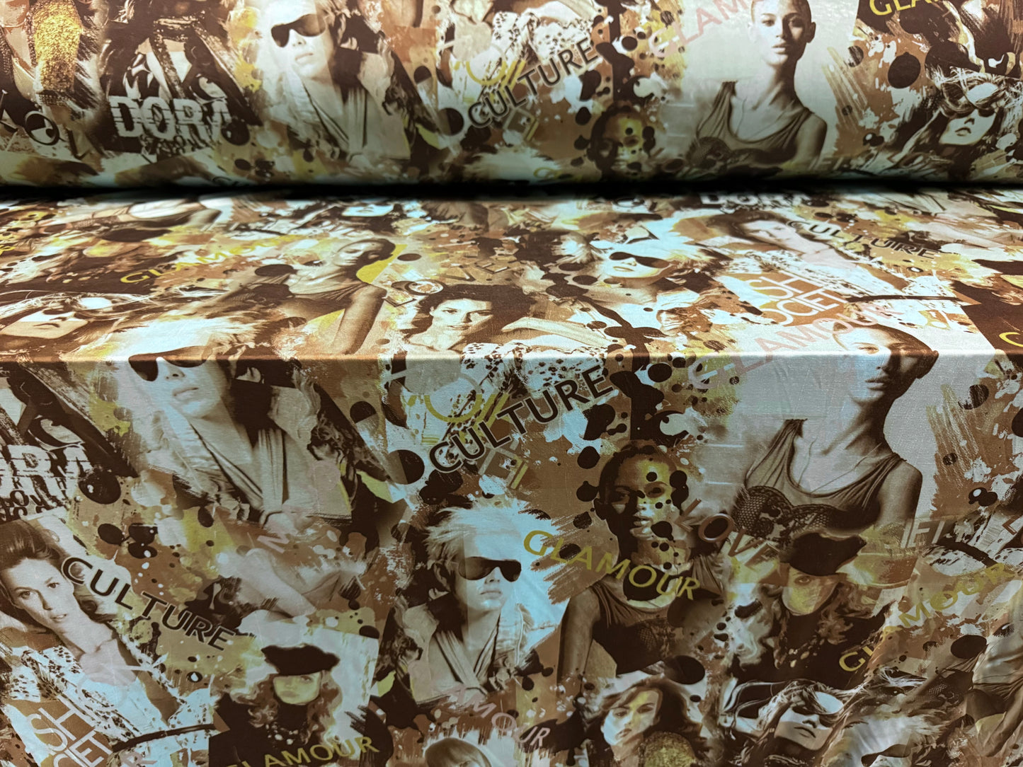 Stretch spandex single jersey fabric, per metre - Supermodel print - turquoise & brown