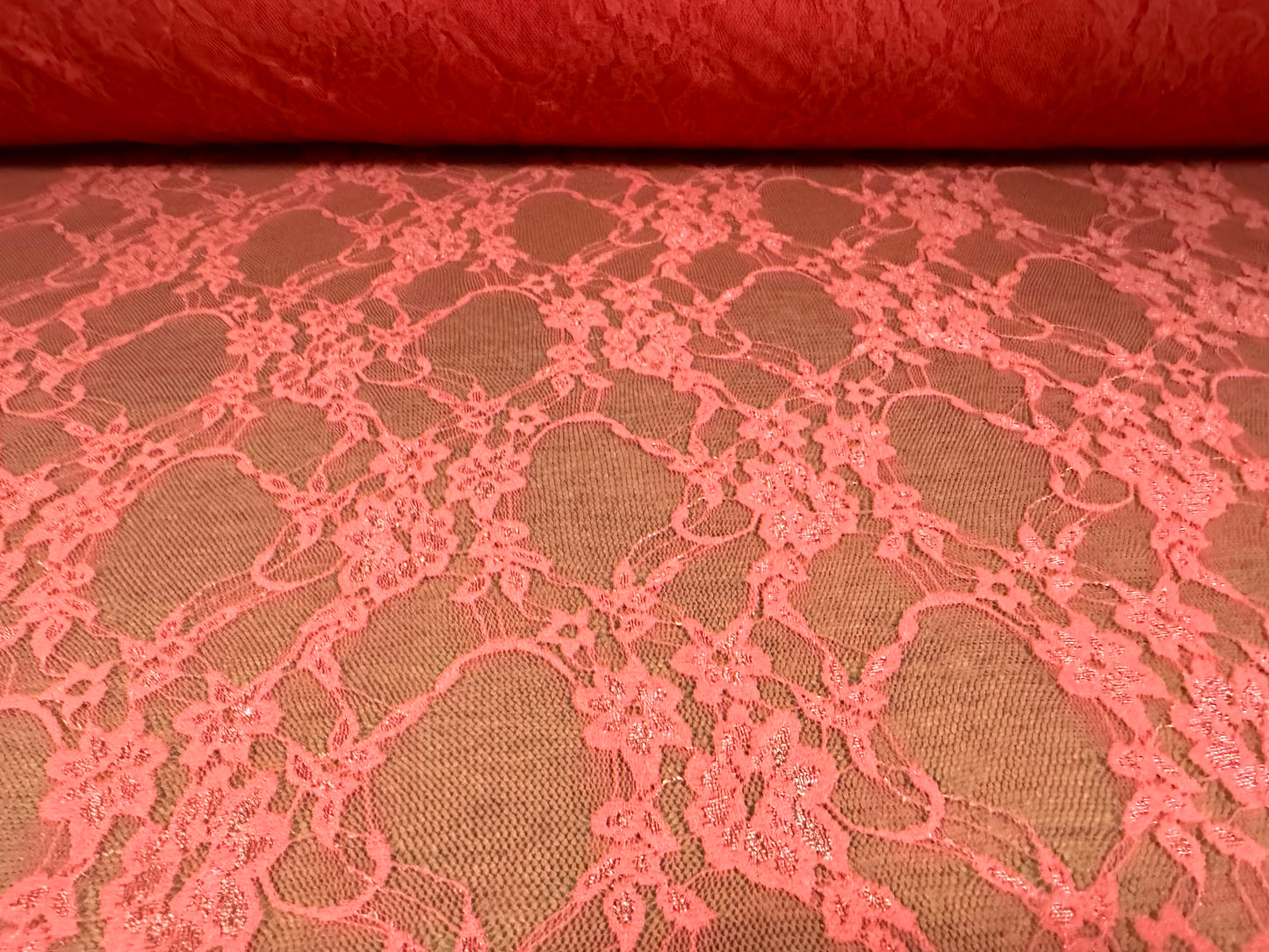 Stretch spandex mesh lace net fabric, per metre - floral pattern - flamingo pink