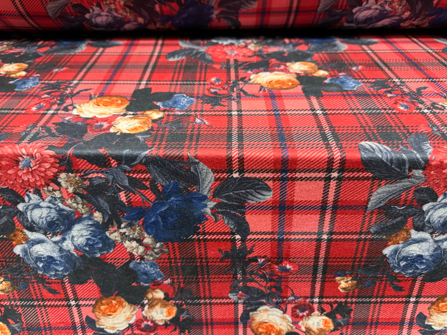 Soft handle stretch single jersey fashion fabric, per metre - roses on tartan print - red & blue