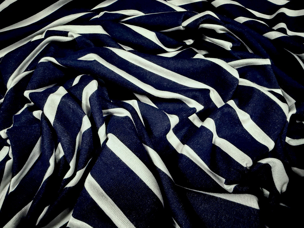 Viscose spandex stretch single jersey fabric, per metre - Butcher’s stripe print - navy & white