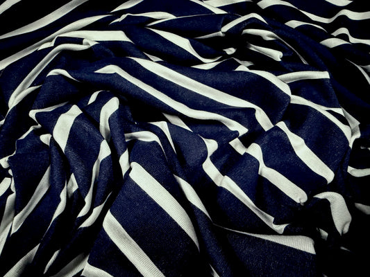 Viscose spandex stretch single jersey fabric, per metre - Butcher’s stripe print - navy & white