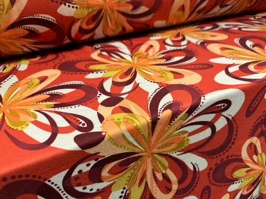 Stretch spandex interlock jersey fabric, per metre - retro flower print - burnt coral