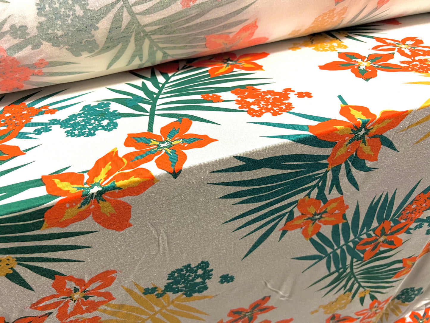 Viscose spandex stretch jersey fabric, per metre - Hawaiian tropical flower print - ivory green & orange