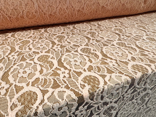 Embroidered cotton lace fabric, per metre - floral design - pink
