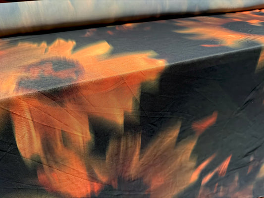 Power mesh net stretch spandex fabric, per metre - sunflower print - black & orange