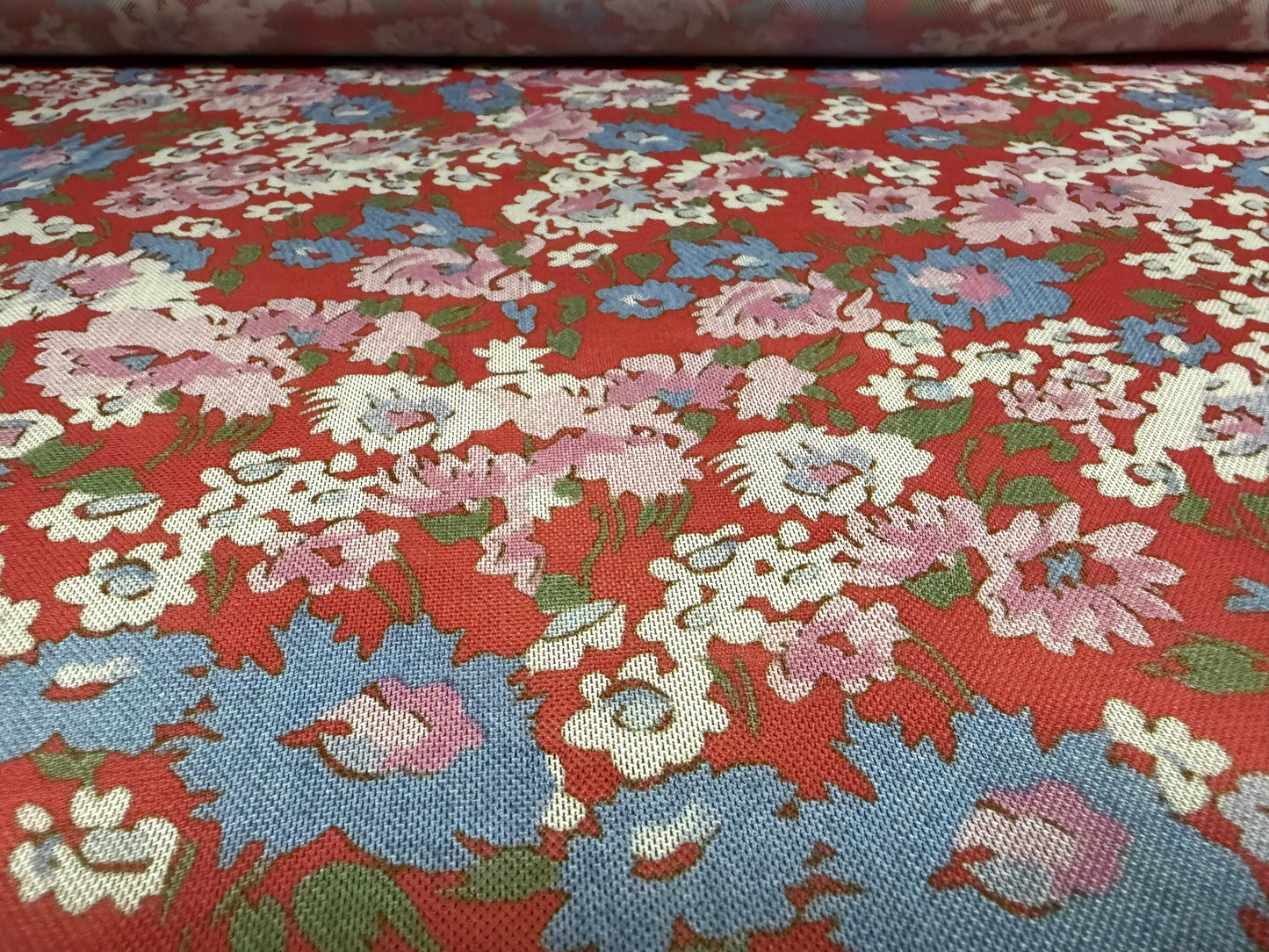 Power mesh net stretch spandex fabric, per metre - flower print - red lilac & blue