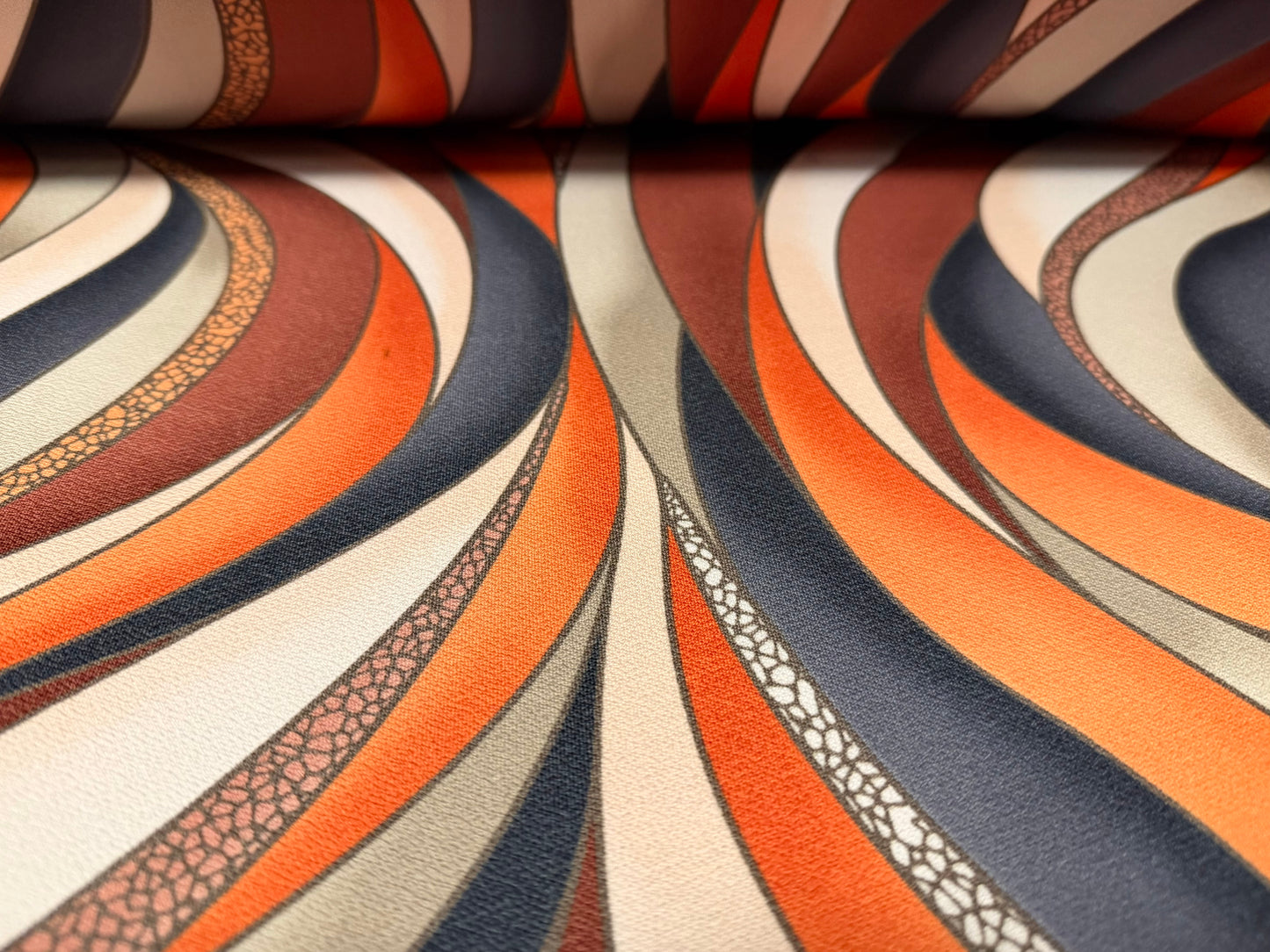 Stretch spandex crepe single jersey dress fabric, per metre - wavy swirl print - cream terracotta & rust