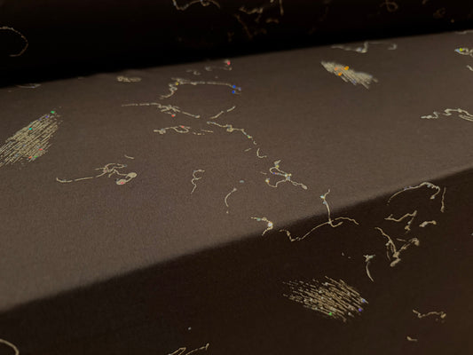 Metallic stretch single jersey fabric, per metre - abstract glitter print with sequins - dark brown & gold