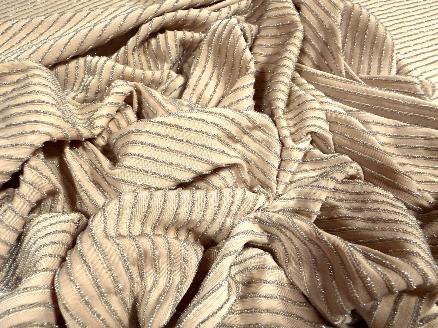 Metallic stretch jersey fabric, per metre - lurex pinstripe - beige