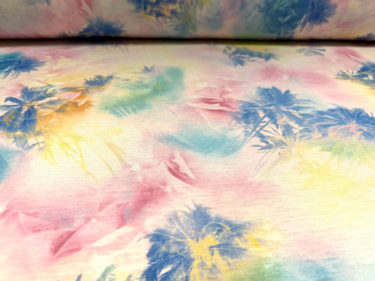 Soft handle stretch single jersey fabric, per metre - Hawaiian palm trees print - pastels