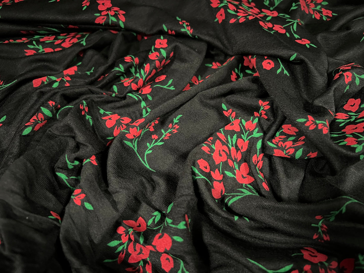 Viscose spandex stretch single jersey fabric, per metre - flower bouquet print - black & red