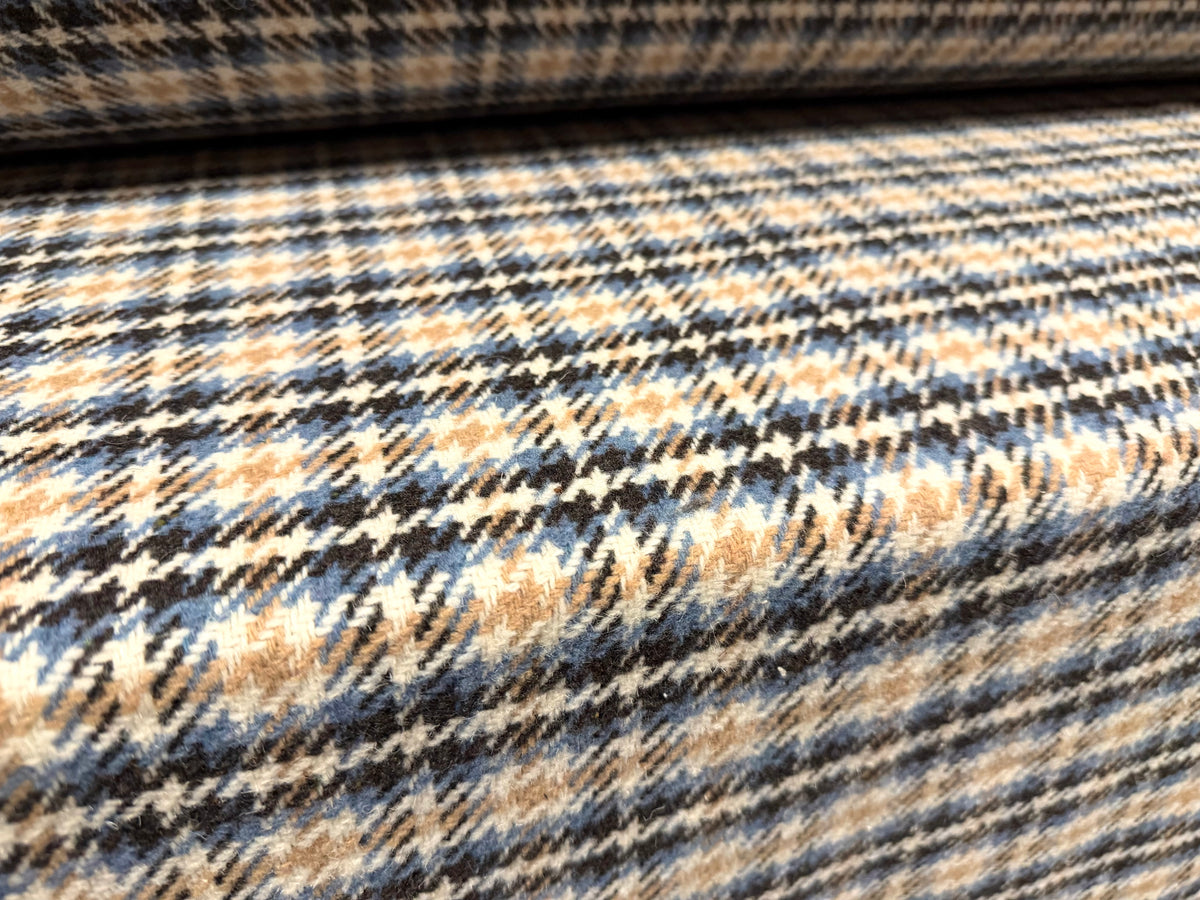 Heavyweight wool bouclé fabric, per metre - houndstooth check - beige & blue