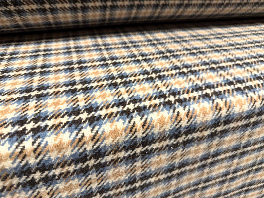 Heavyweight wool bouclé fabric, per metre - houndstooth check - beige & blue
