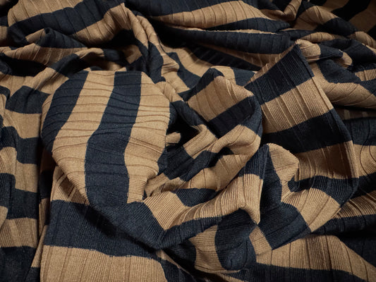 Stretch Spandex rib jersey fabric, per metre - stripe - mocha & black