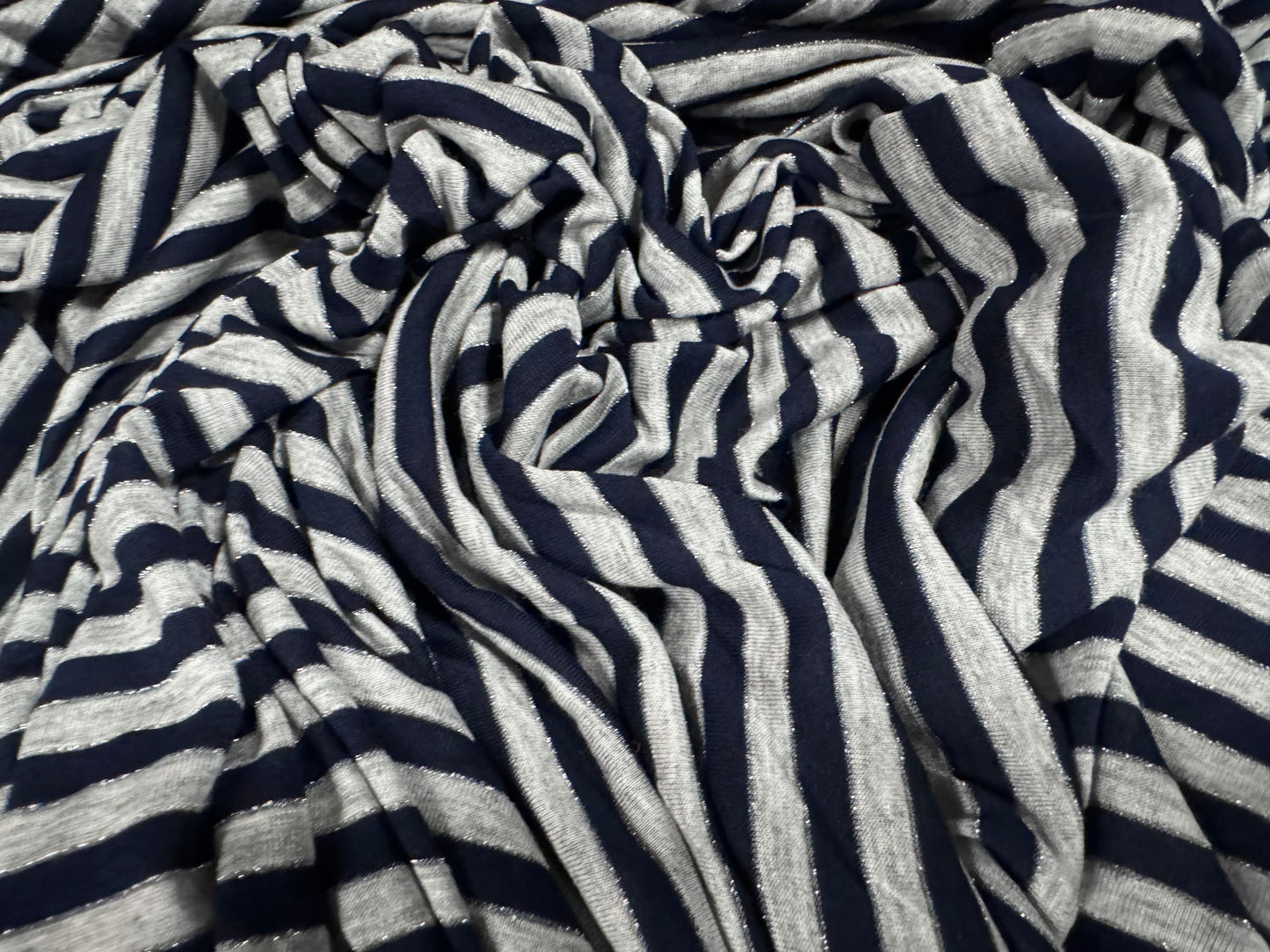 Metallic viscose spandex stretch single jersey fabric, per metre - stripe - grey marl & navy blue with silver lurex