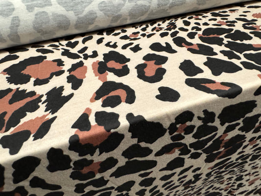 Soft handle stretch single jersey fashion fabric, per metre - stylised leopard print - dark cream