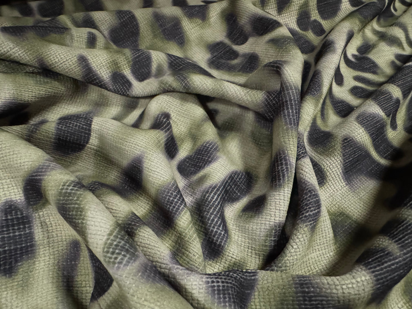 Chenille upholstery fabric, per metre - soft focus animal print - sage green