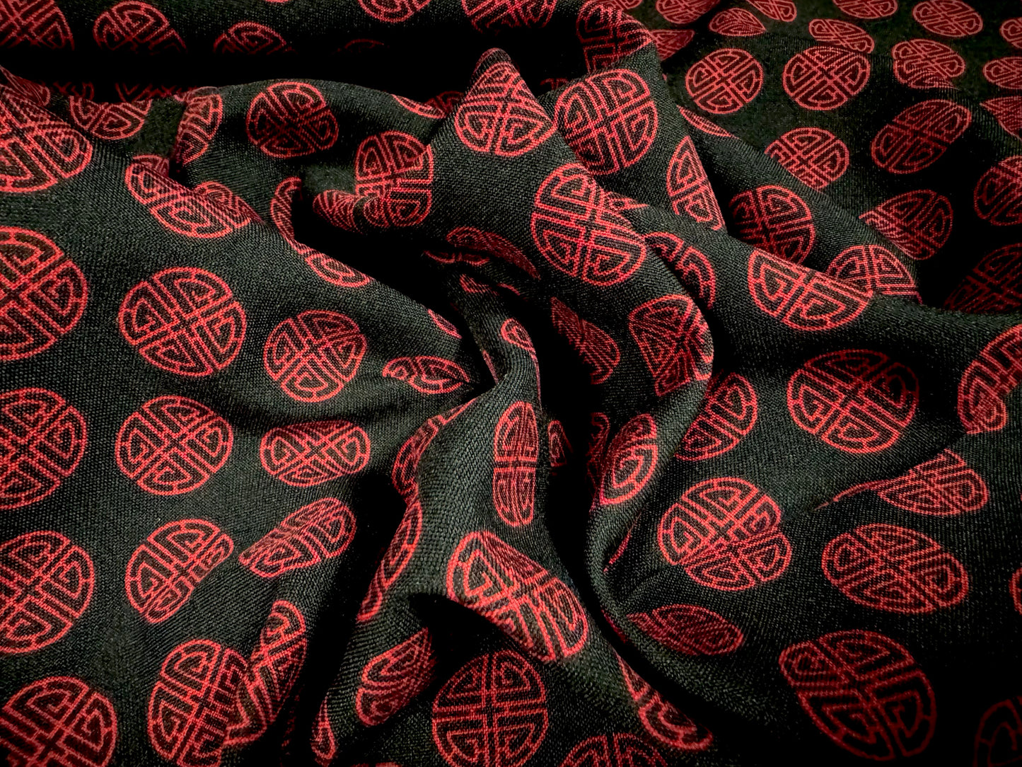 Panama woven fashion fabric, per metre - Chinese Lu Good Fortune print - black & wine