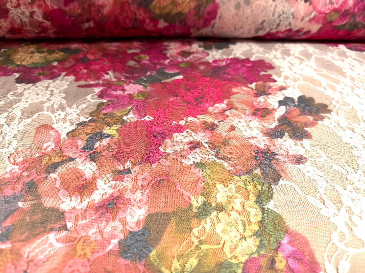 Stretch spandex mesh lace fabric, per metre - floral print - blush & cerise pink