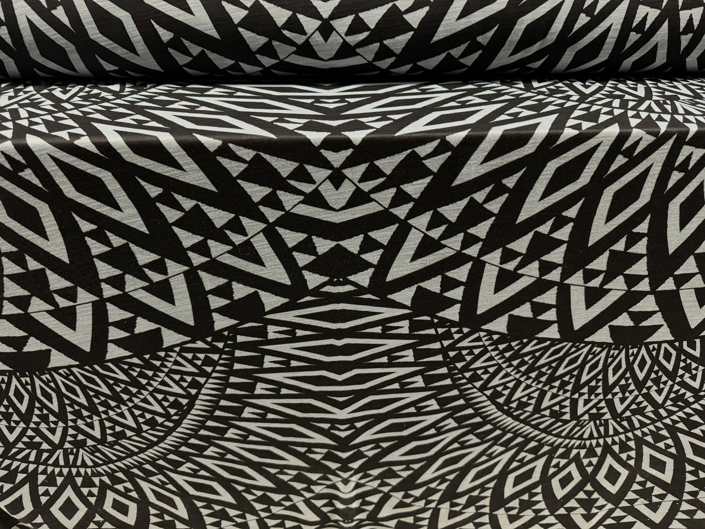 Soft handle lightweight single jersey fabric, per metre - tribal tattoo print - grey & black