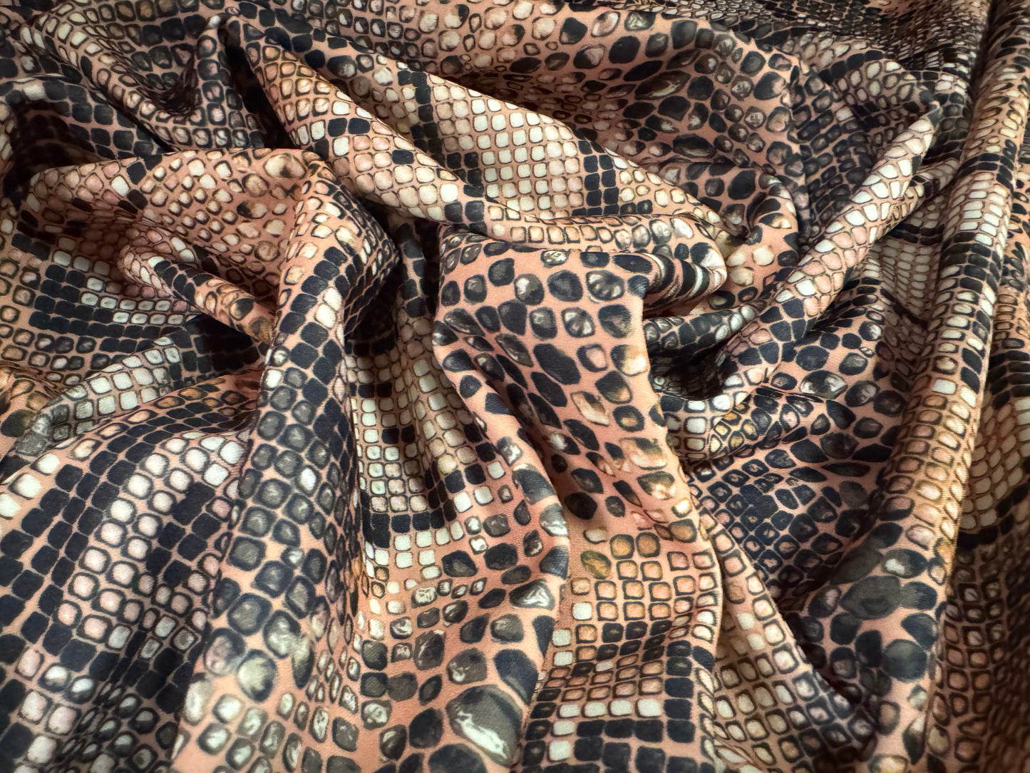 Scuba stretch spandex double jersey dress fabric, per metre - snakeskin animal print - nude & gold