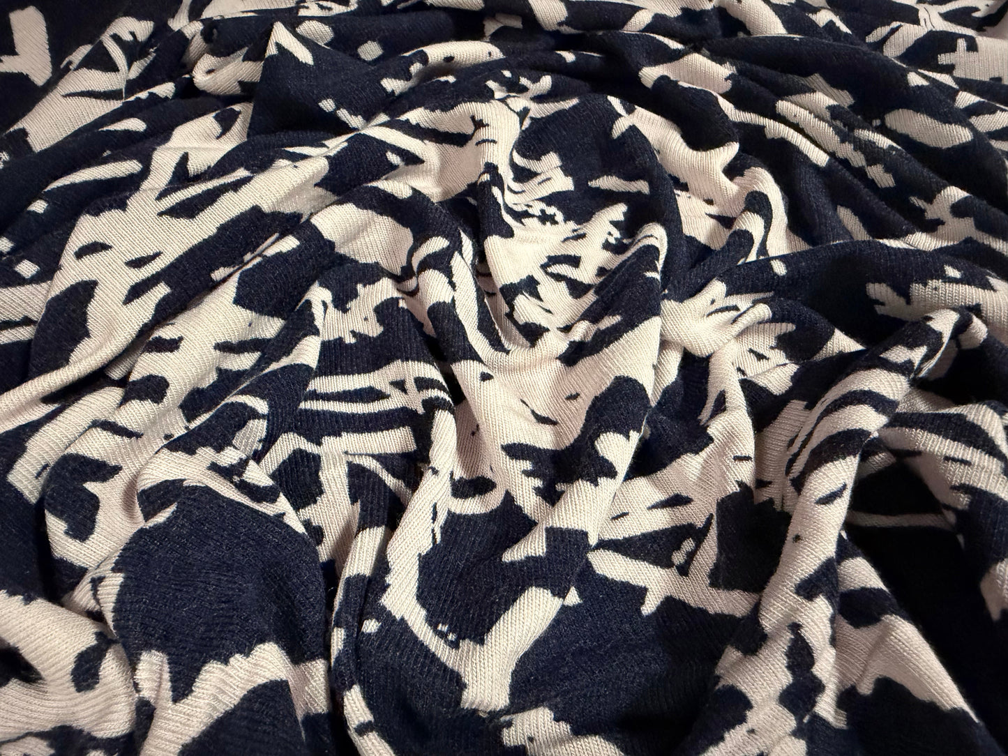 Lambswool stretch jersey knit fabric, per metre - abstract print - navy & blush