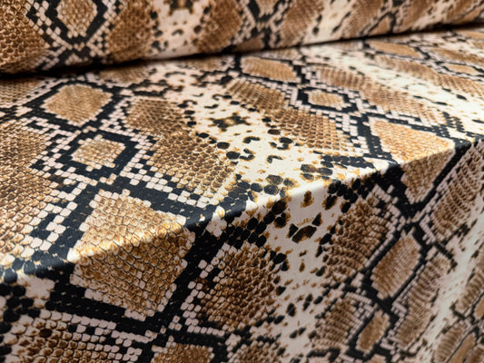 Stretch spandex single jersey fashion fabric, per metre - snakeskin print - brown