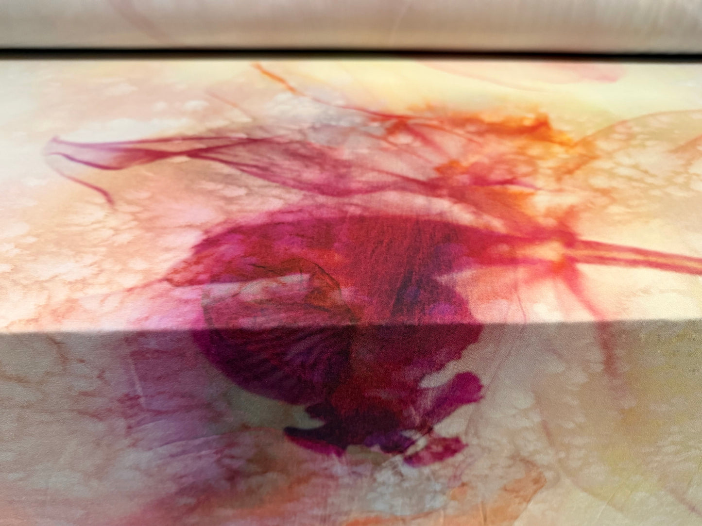 Soft touch stretch spandex single jersey fabric, per metre - watercolour lily print - fuchsia & peach