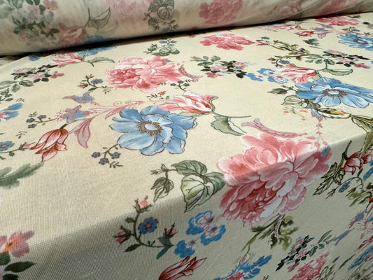 Chiffon jersey fashion fabric, per metre - floral print - cream pink & blue