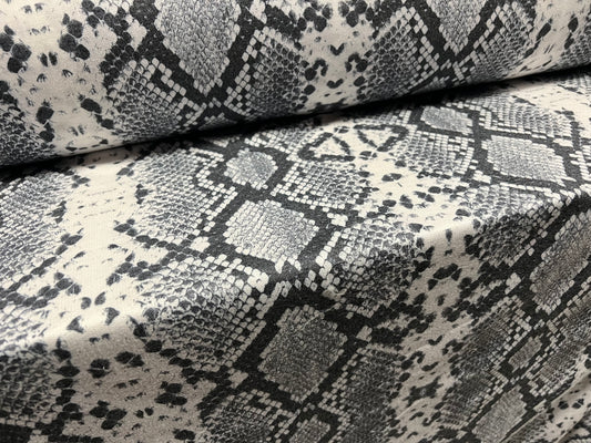 French Terry soft loopback jersey fabric, per metre - snakeskin print - grey white & black