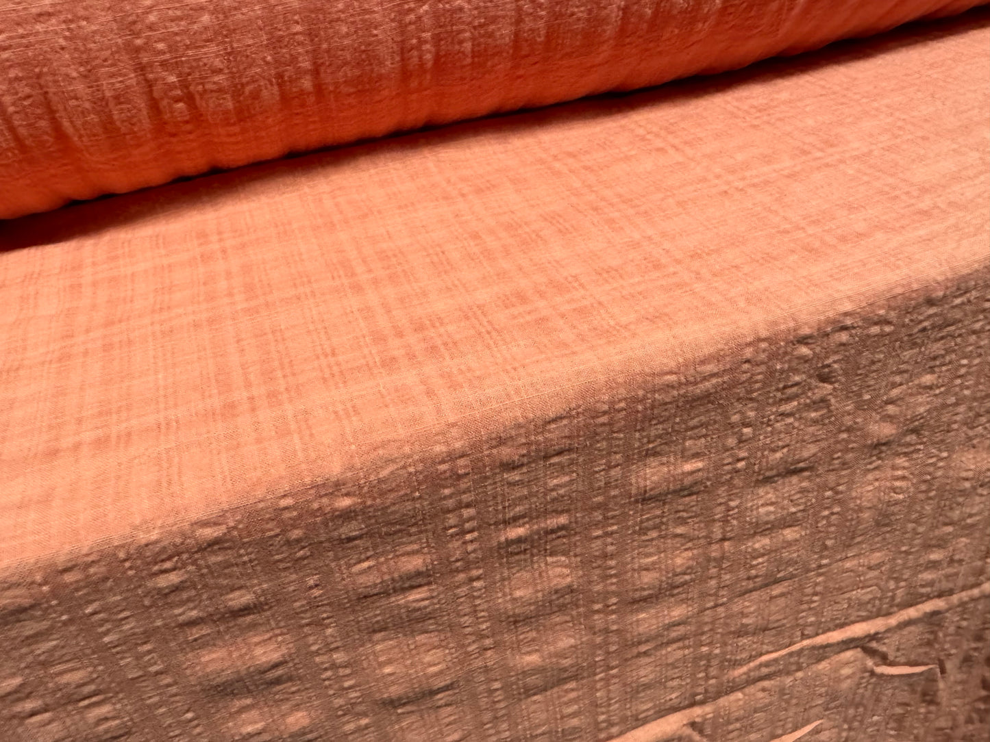 Seersucker woven cotton dress shirt fabric, per metre - check plaid design - peach coral