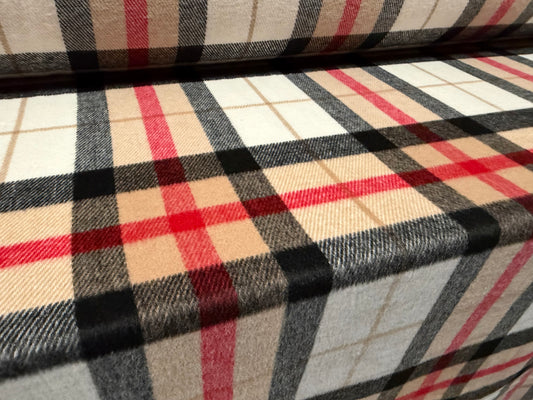 Wool flannel fabric, per metre - British plaid - light brown red & black