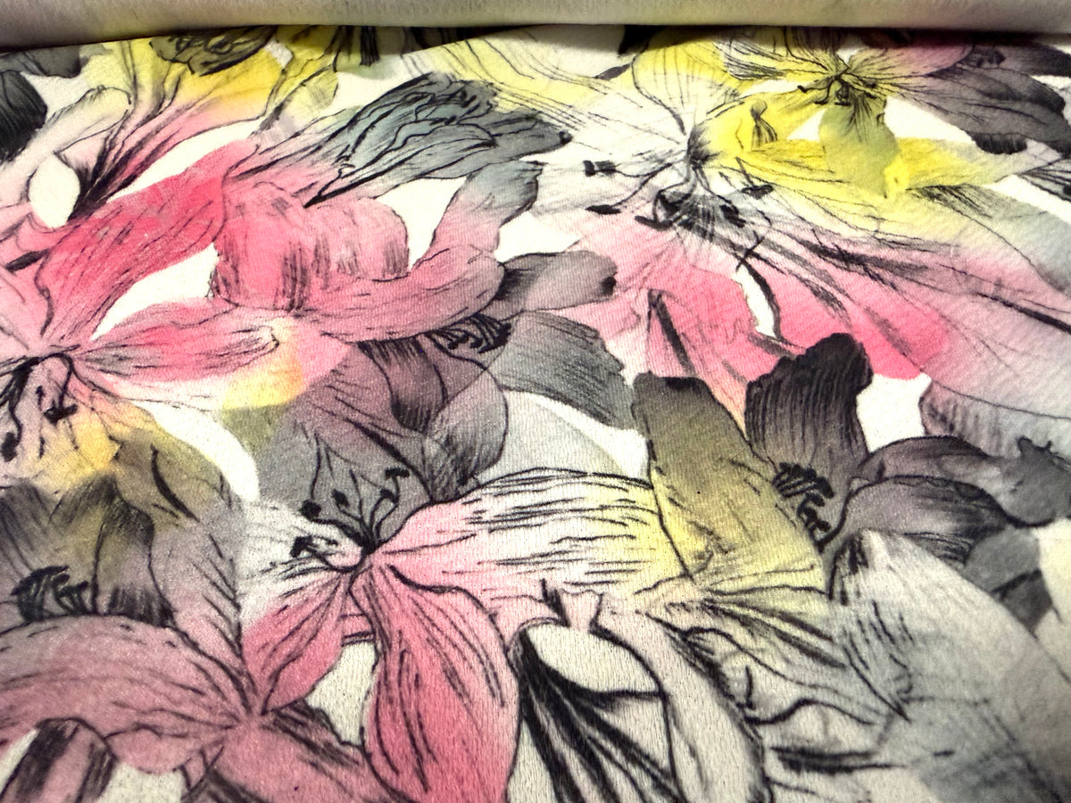 Liverpool stretch double jersey fabric, per metre - floral print - pastel pink & yellow
