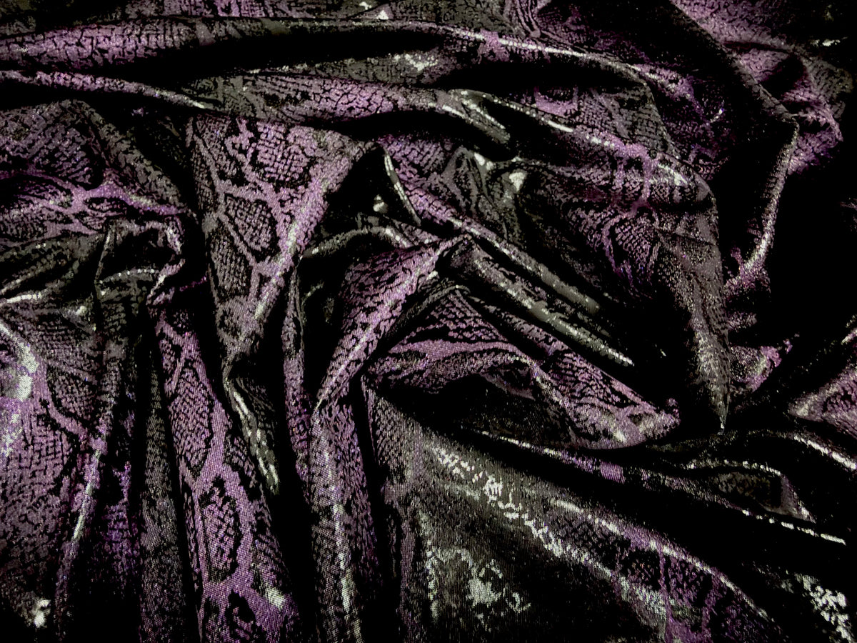 Stretch ITY jersey fabric, per metre - embossed snakeskin print - black & purple