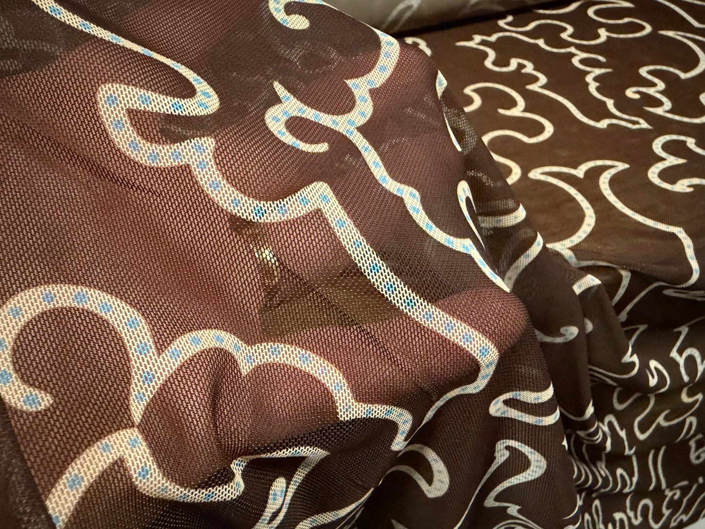 Power mesh net stretch spandex fabric, per metre - abstract print - brown cream & turquoise