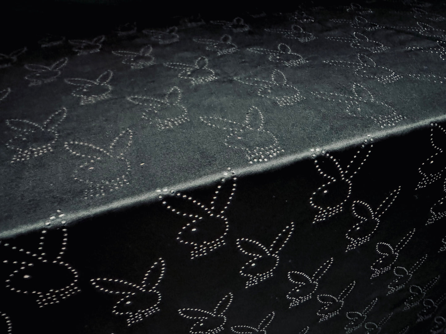 Stretch spandex ITY single jersey fabric, per metre - glitter diamanté bunny rabbit print - black
