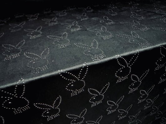 Stretch spandex ITY single jersey fabric, per metre - glitter diamanté bunny rabbit print - black