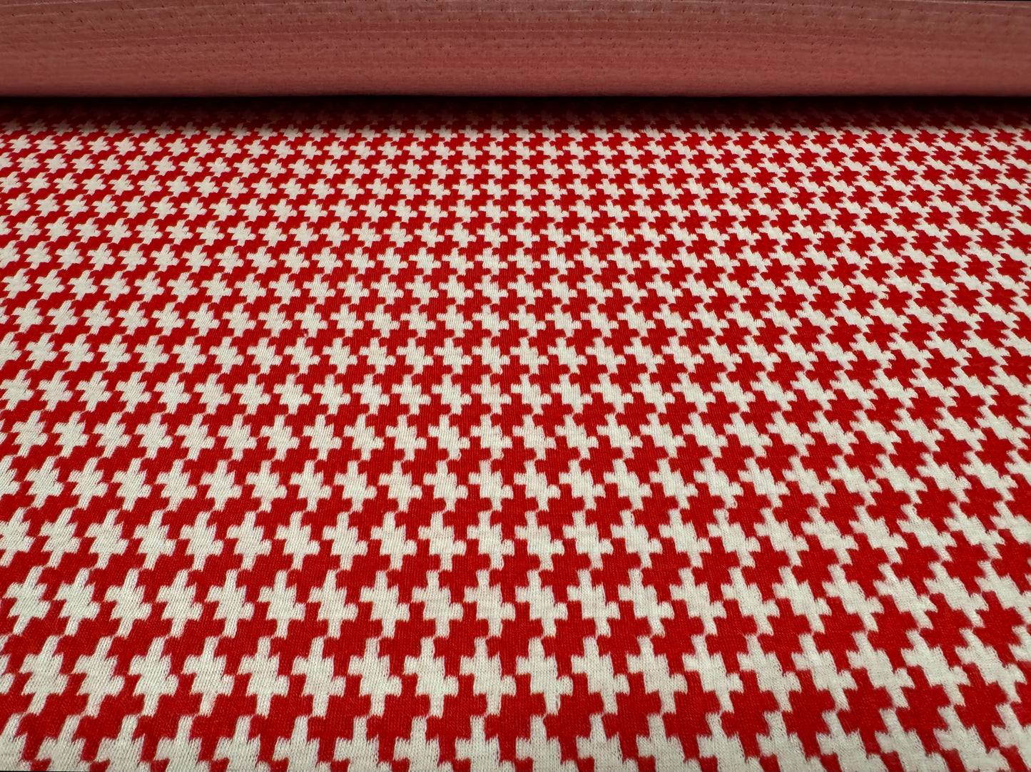 Soft stretch double jersey fabric, per metre - houndstooth jacquard - red & white