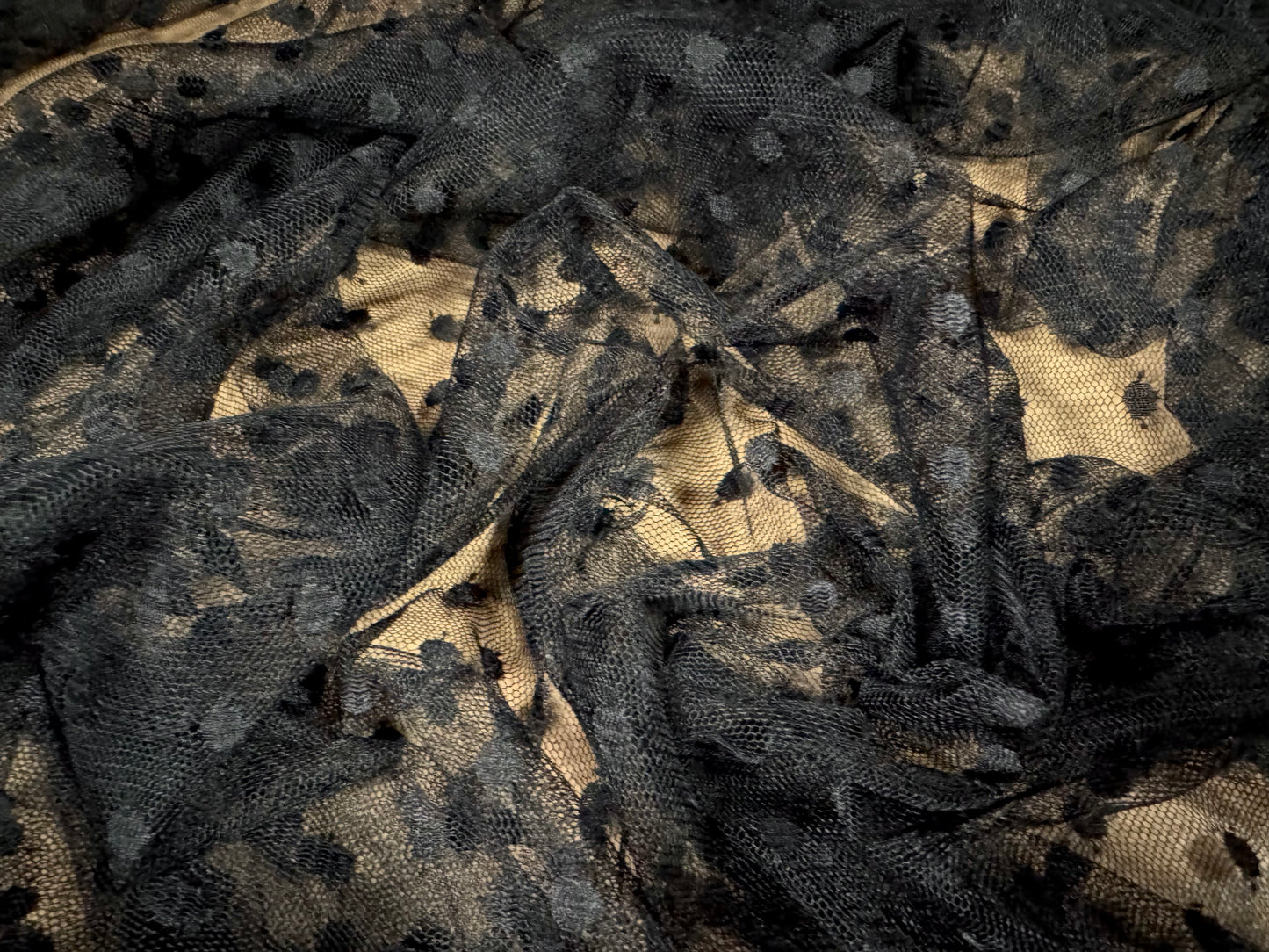 Fine lightweight mesh net fabric, per metre - dobby spot - black