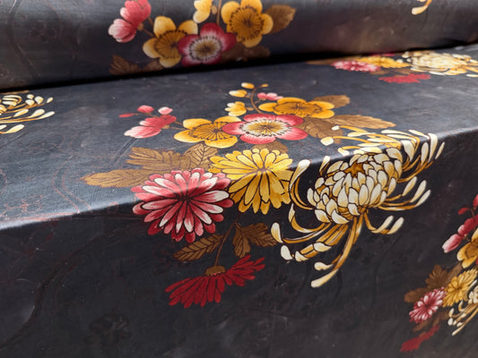 Soft touch stretch spandex single jersey fabric, per metre - East Asian Chrysanthemum print - charcoal