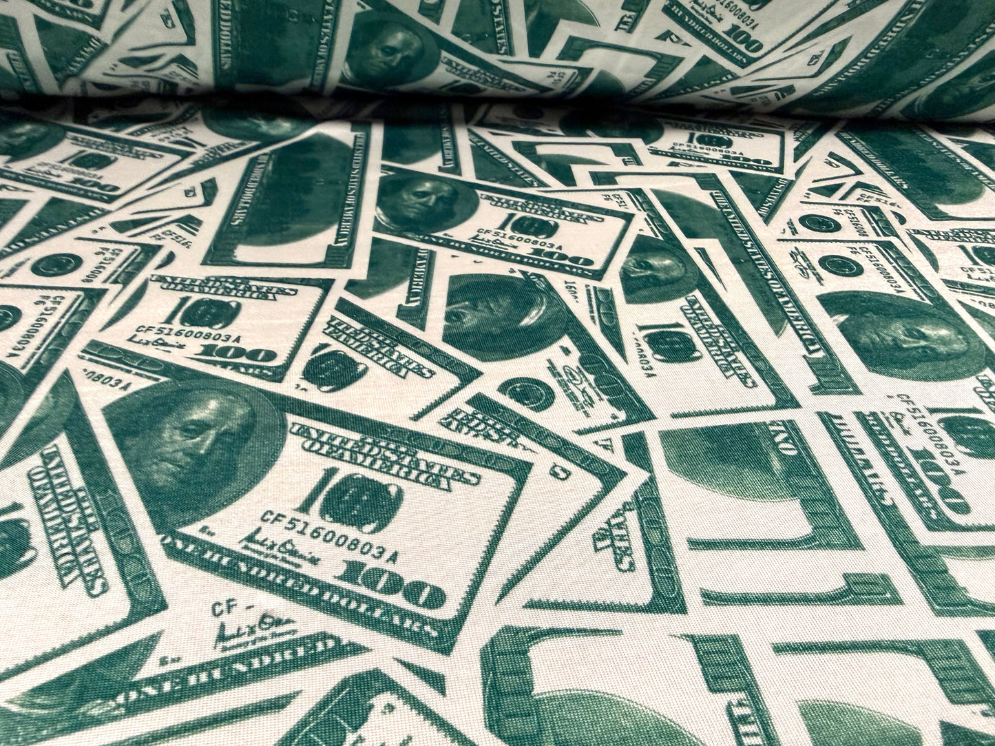Stretch spandex single jersey fashion fabric, per metre - Dollar Bill print - bottle green & white