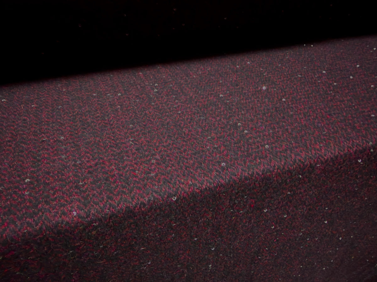 Wool herringbone fabric with sequins, per metre - rich burgundy